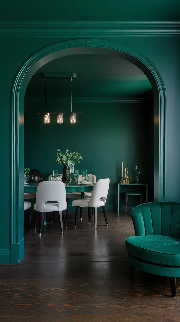 This moody green dining room is a testament to the power of dark green interior design. The emerald green dining room features a formal dining set, with a dark green table and crisp white chairs, set against the rich green dining room walls. The emerald green house interior design is completed with a dark green accent wall and a luxurious green velvet chair, all resting on a dark wood floor. The overall effect is a sophisticated and inviting green dining room, a perfect example of interior design green at its finest.