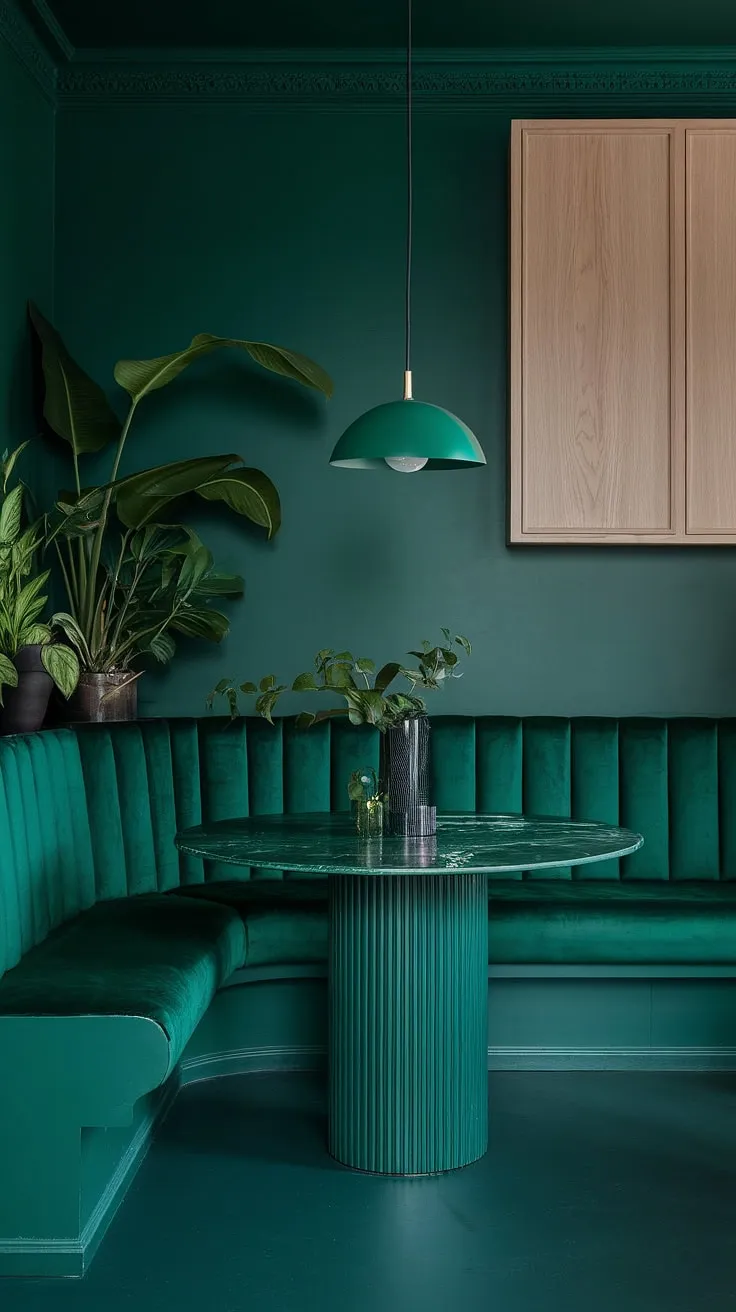 Bathed in soft light, this moody green dining room exudes sophistication. The emerald green dining room walls, a plush green velvet banquette, and a striking green marble top dining table create a cohesive and luxurious atmosphere. A dark green interior design is complemented by a light wooden cabinet and pops of greenery, showcasing the best of dark green interior design and green formal dining room elegance within this emerald green house interior design. The green dining room is complete with a matching pendant light, creating a truly immersive and stylish space.