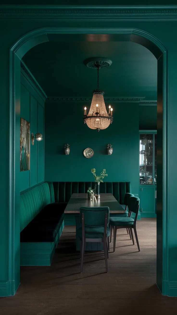 Indulge in the opulent drama of this moody green dining room, where emerald green walls and plush velvet seating create a sophisticated, green formal dining room atmosphere. The dark green interior design is a masterclass in emerald green house interior design.