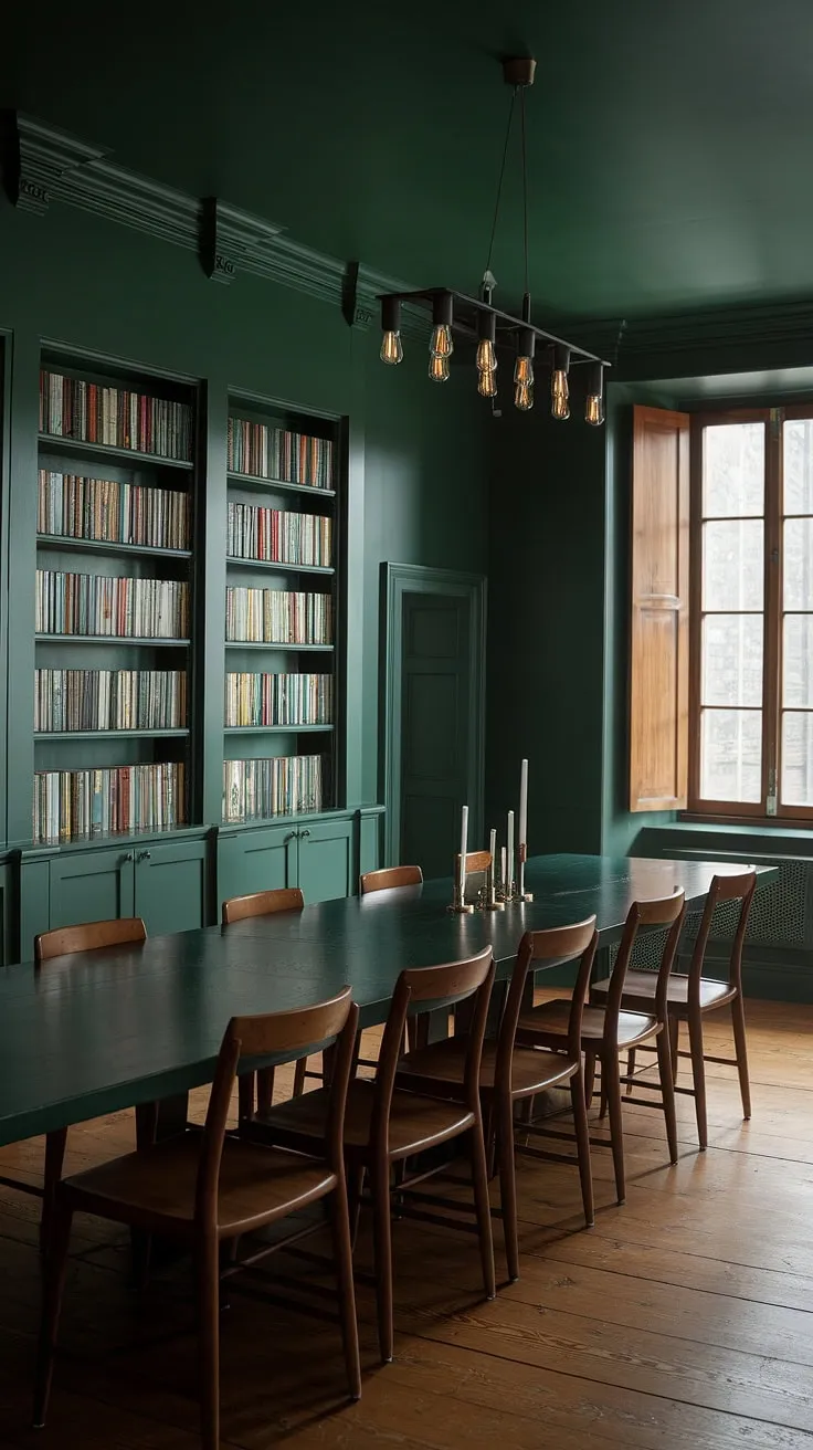 Bathed in soft light, this moody green dining room boasts a sophisticated ambiance. The deep emerald green walls, complemented by rich wooden floors and a long farmhouse table, create a stunning backdrop for gatherings. A built-in bookshelf adds character, while the window with wooden shutters offers a touch of rustic charm, showcasing the elegance of this dark green interior design. This green formal dining room exemplifies the best of emerald green house interior design.