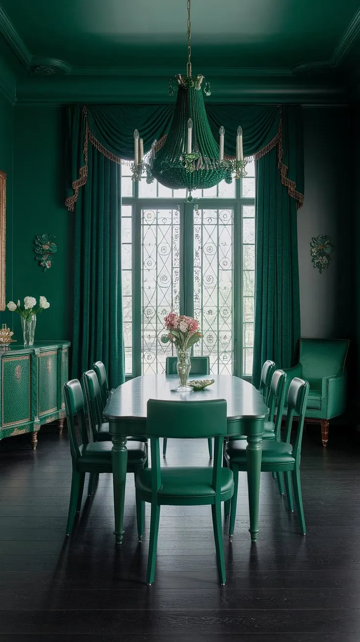 A dark green interior design dream: this emerald green dining room, complete with green dining room walls and a stunning green formal dining table, showcases the beauty of interior design green in a truly captivating way.