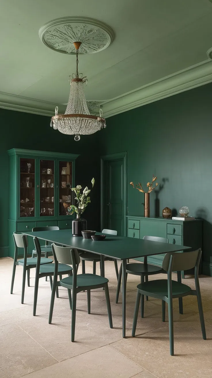 This emerald green dining room is a study in rich textures and calming hues. The dark green interior design is anchored by the deep green dining room walls, while a lighter green ceiling softens the overall mood. The dark green dining table and six matching chairs are perfectly positioned beneath a statement chandelier, creating a green formal dining room atmosphere. A coordinating green cabinet completes the look, all set against a neutral beige tile floor, showcasing a sophisticated take on green dining room design.