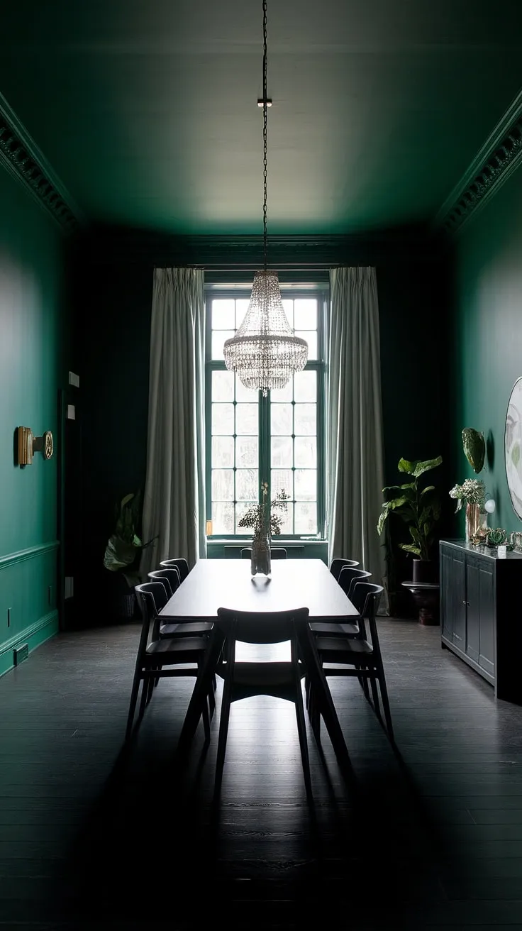 Bathed in the rich glow of an emerald green chandelier, this moody green dining room exudes sophistication. The dark green interior design, featuring deep green dining room walls and a long, black-chair-adorned dining table, creates a dramatic and intimate atmosphere. The high ceilings and large window, softened by white curtains, add a touch of elegance to this stunning green formal dining room, a perfect example of emerald green house interior design. The dark wood floor completes the luxurious dark green interior design.