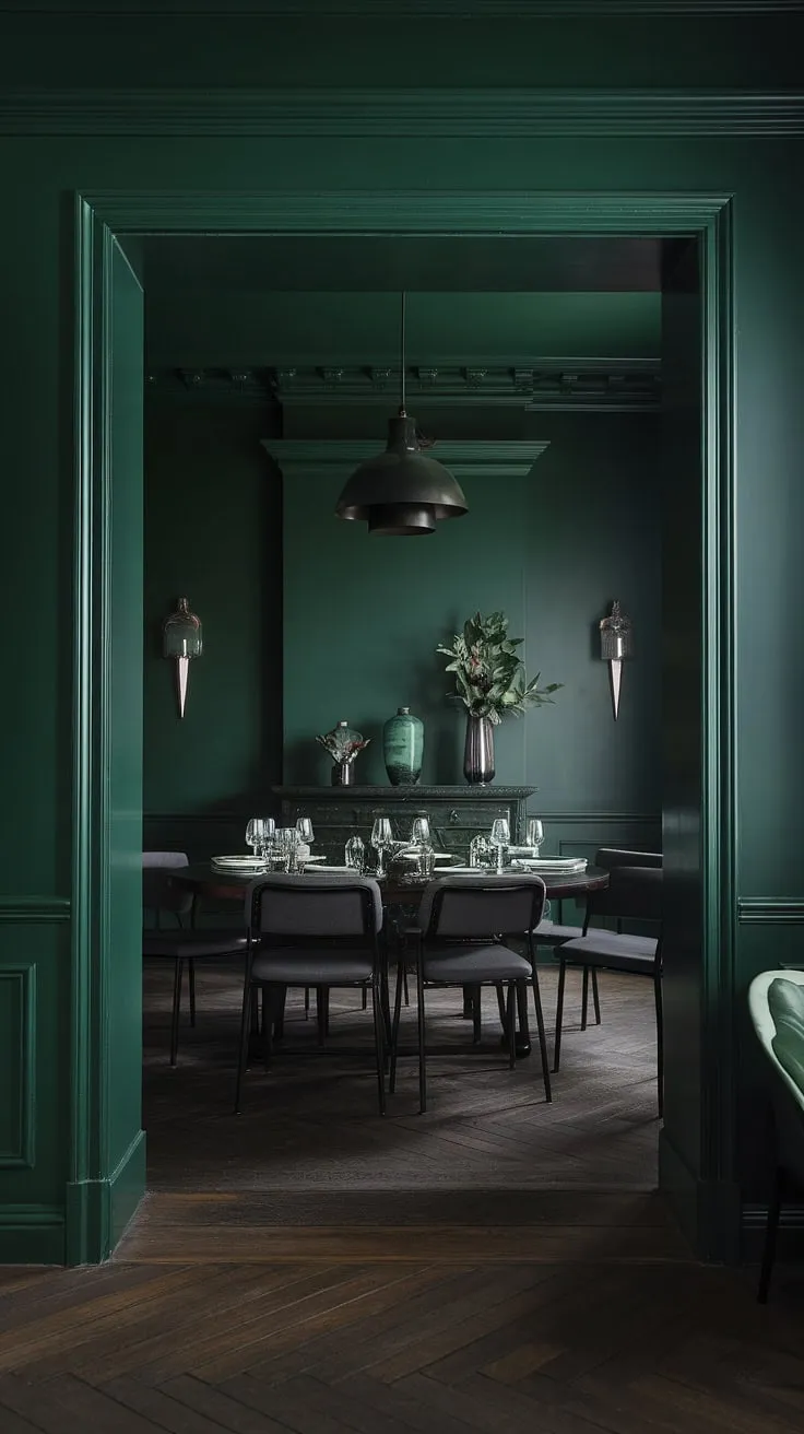 Indulge in the sophisticated allure of this moody green dining room, where emerald green accents elevate the dark green interior design to new heights of elegance. A true testament to green formal dining room style.