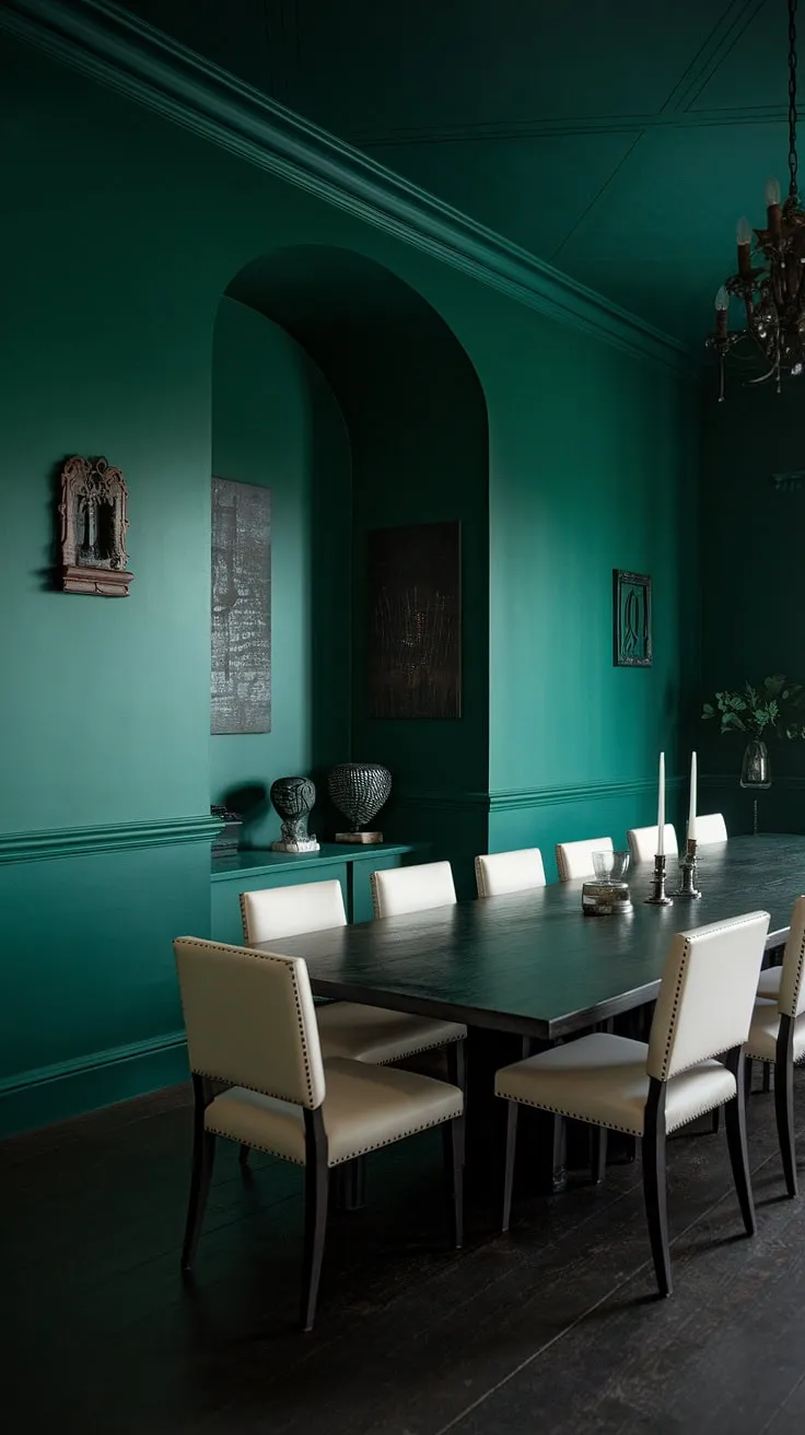 This dark green dining room showcases the beauty of dark green interior design. The rich emerald green dining room walls are complemented by a long, dark wood table and white chairs, creating a sophisticated and moody ambiance. The soft lighting enhances the green dining room walls and the overall interior design green aesthetic of this elegant space.