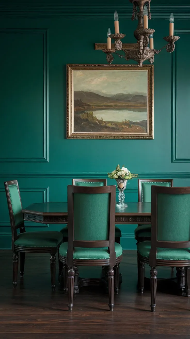 This green formal dining room is a study in elegant simplicity. The deep emerald green dining room walls provide a dramatic backdrop for the dark wood dining set, its green upholstery echoing the rich wall color. A stunning landscape painting and a sophisticated chandelier add to the ambiance of this green dining room, a perfect example of interior design green and dark green interior design. The green dining room walls are the focal point of this stunning space.