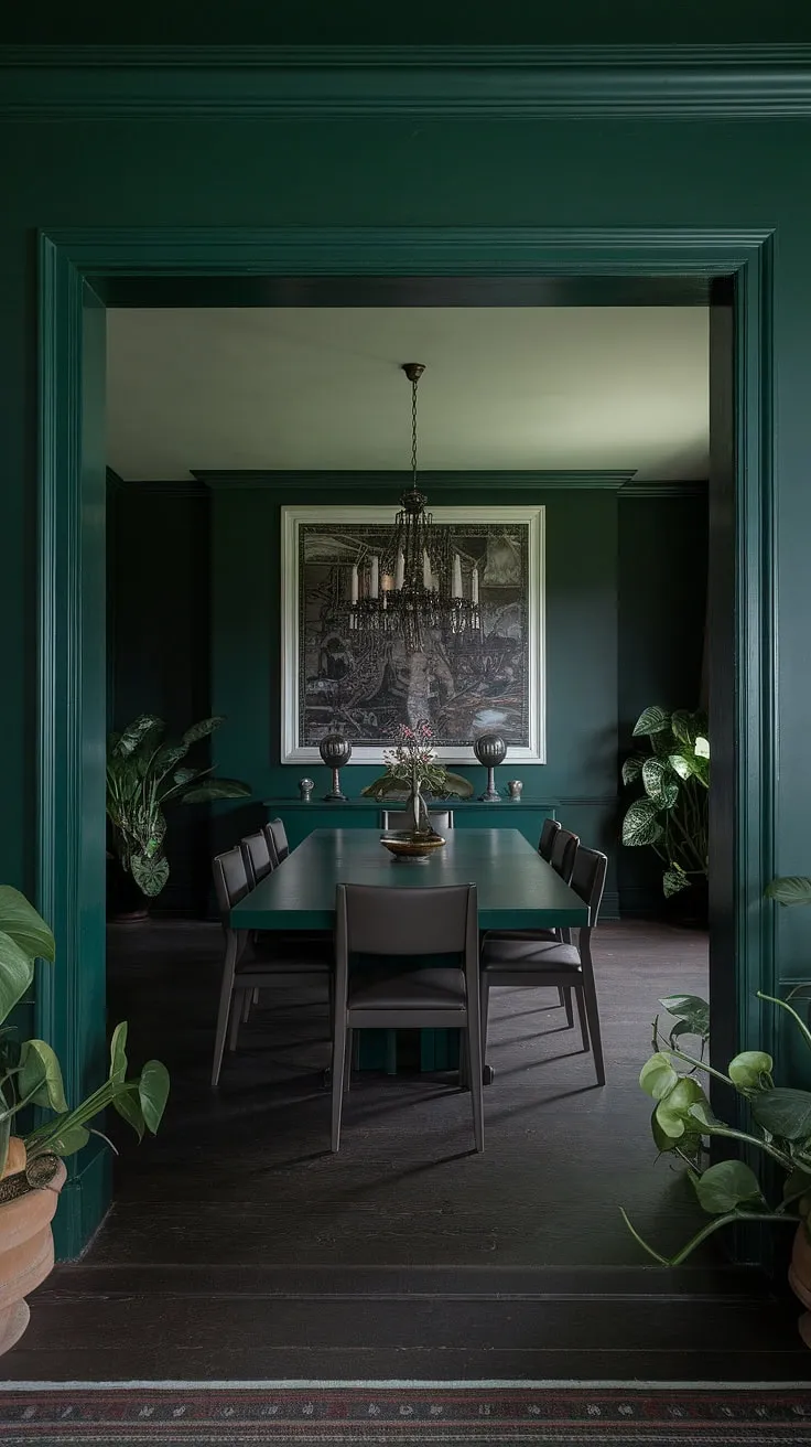 Bathed in the moody glow of a dark green dining room, this emerald green house interior design exudes sophistication. The green dining room walls and dark green interior design create a dramatic backdrop for elegant gatherings.
