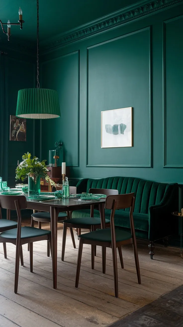 Bathed in the rich glow of a dramatic chandelier, this moody green dining room exudes sophistication. The emerald green dining room walls create a captivating backdrop for the dark green interior design, highlighted by a plush green velvet sofa and a warm wooden dining table. The green formal dining room is completed with a coordinating green lampshade, showcasing the elegance of this emerald green house interior design. The dark green interior design is further enhanced by the rich wooden floors.