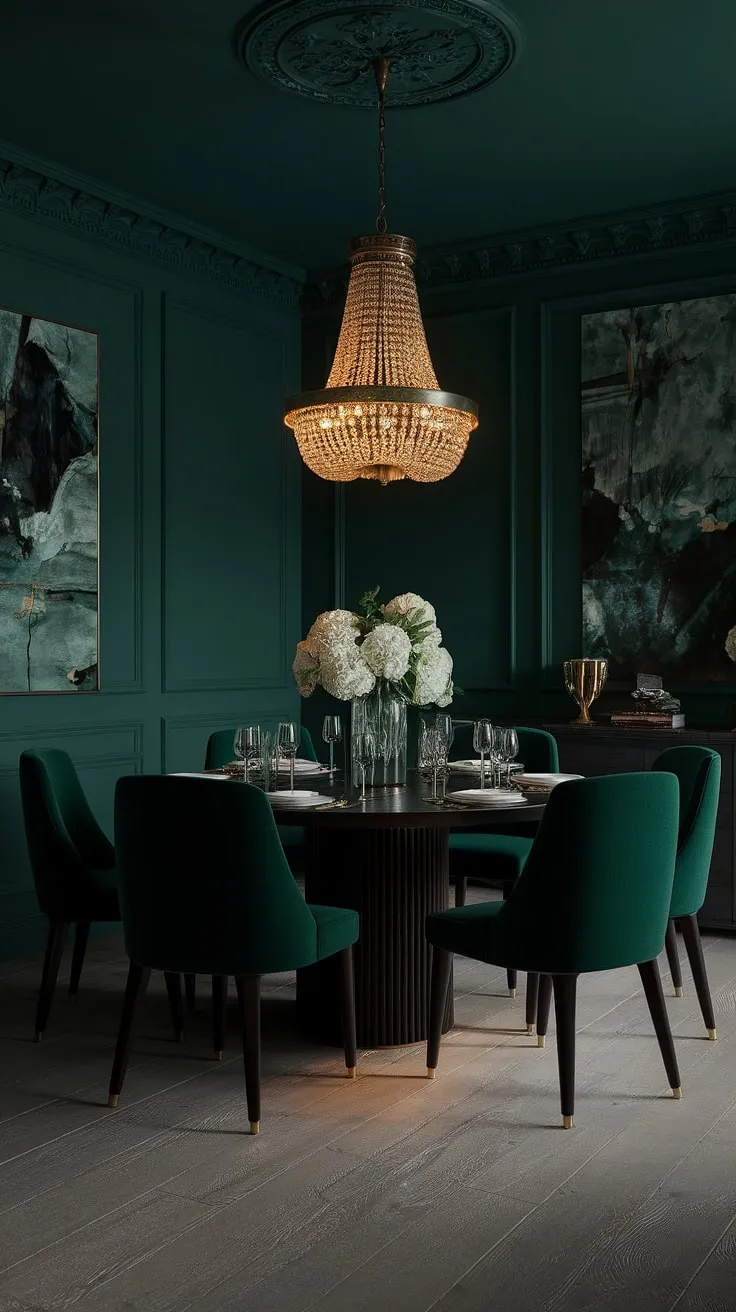 Bathed in warm light, this moody green dining room, with its emerald green walls and formal setting, offers a sophisticated escape. The dark green interior design creates an atmosphere of understated elegance.