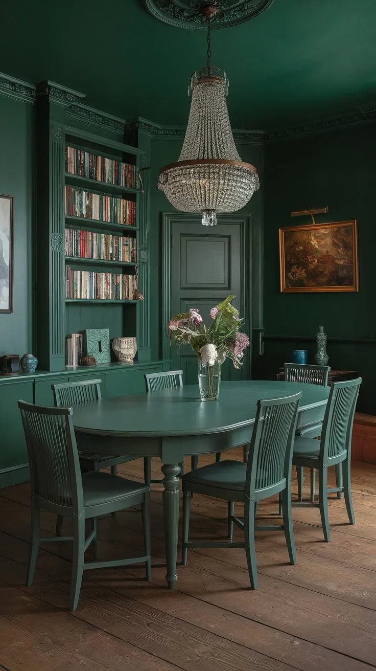 This dark green dining room is a study in elegant simplicity. The deep green dining room walls, a rich emerald green, create a captivating backdrop for the formal dining space. A statement chandelier hangs above a substantial dining table, while a bookshelf and painting add personality to this moody green dining room. The warm wood floors complement the dark green interior design, resulting in a sophisticated and inviting green dining room that embodies the best of emerald green house interior design.
