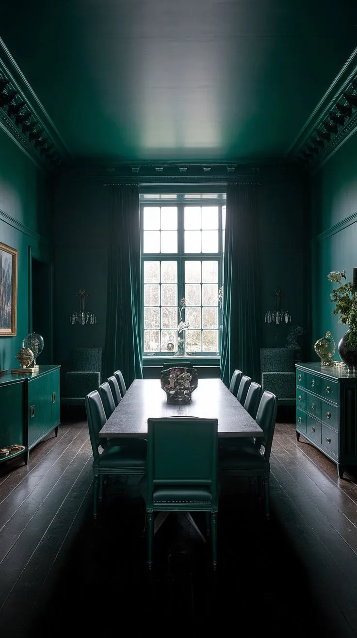 Bathed in natural light filtering through a large window, this moody green dining room exudes sophistication. The deep emerald green walls, ceiling, and furniture create a dramatic, yet inviting atmosphere, showcasing the power of dark green interior design in this green formal dining room. The rich emerald green house interior design is completed by dark wood floors and carefully chosen accents.
