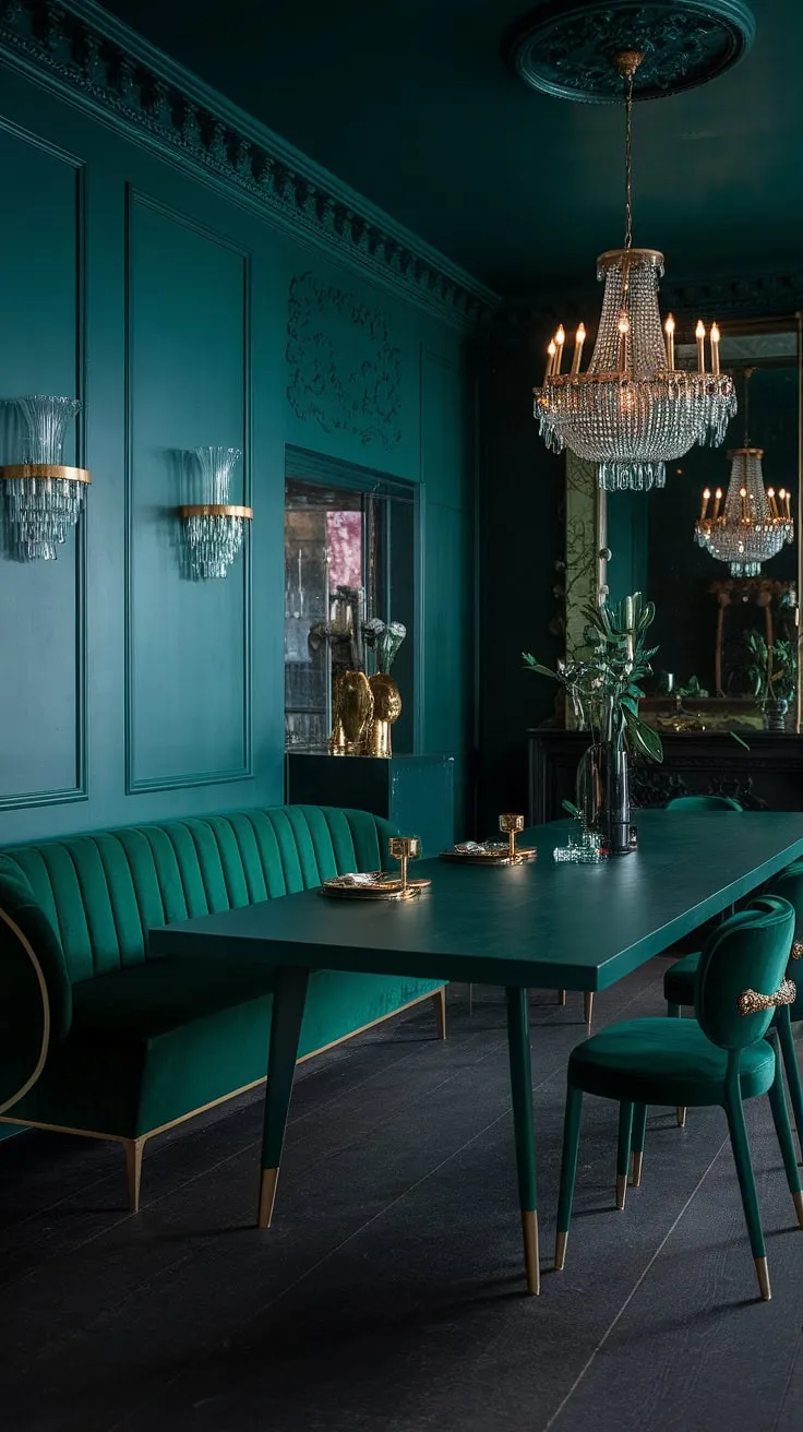 This dark green dining room is a study in rich textures and moody elegance. The emerald green dining room walls are the perfect backdrop for the gold-accented furniture, creating a sophisticated and inviting space. The green formal dining room features a long, dark green table with matching chairs, all with subtle gold detailing. A plush green velvet couch adds to the luxurious feel of this dark green interior design, a testament to the power of interior design green in creating a truly captivating ambiance.