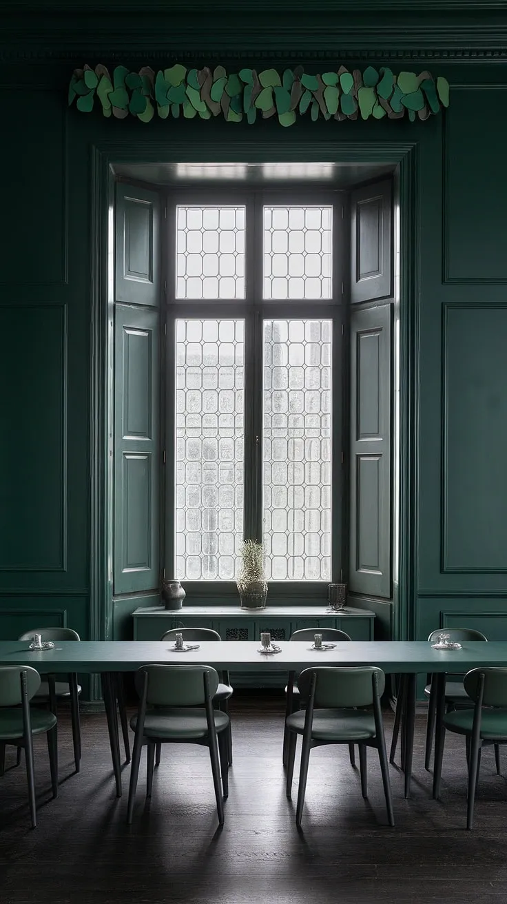 This dark green dining room is a masterclass in interior design green. The emerald green dining room walls, a bold choice in moody green dining room design, are perfectly complemented by the warm glow of natural light. The green dining room walls are further enhanced by a decorative element above the window, adding a touch of luxury to this green formal dining room. The long dining table and six chairs are beautifully positioned against the rich dark wood floor, creating a sophisticated and inviting space within this emerald green house interior design.