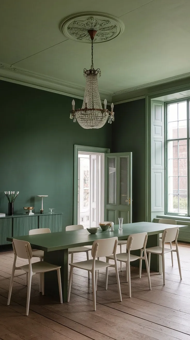 A moody green dining room, bathed in the soft glow of a chandelier, where emerald green walls meet a light green ceiling, creating a sophisticated and inviting green formal dining room. The dark green interior design is perfectly complemented by the white chairs and warm wood floors.