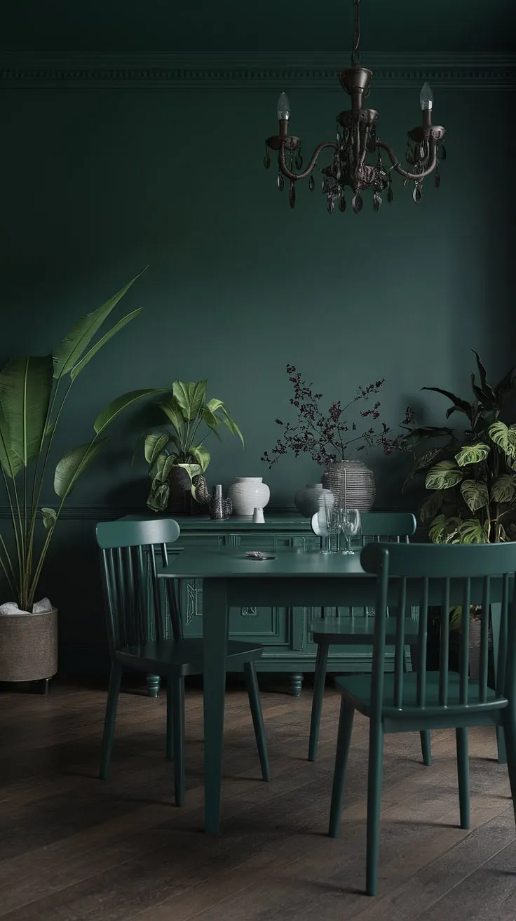 This emerald green dining room, a masterpiece of dark green interior design, showcases the captivating power of green dining room walls. The green dining room's moody ambiance creates an unforgettable space, a perfect example of interior design green at its finest.