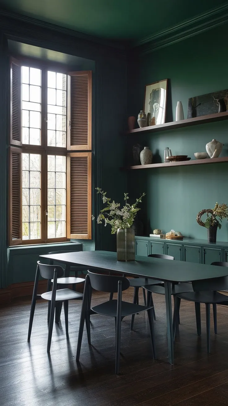 This emerald green house interior design showcases a stunning dark green dining room. The green dining room walls and dark wood floors create a dramatic backdrop for the elegant green dining room table and chairs.