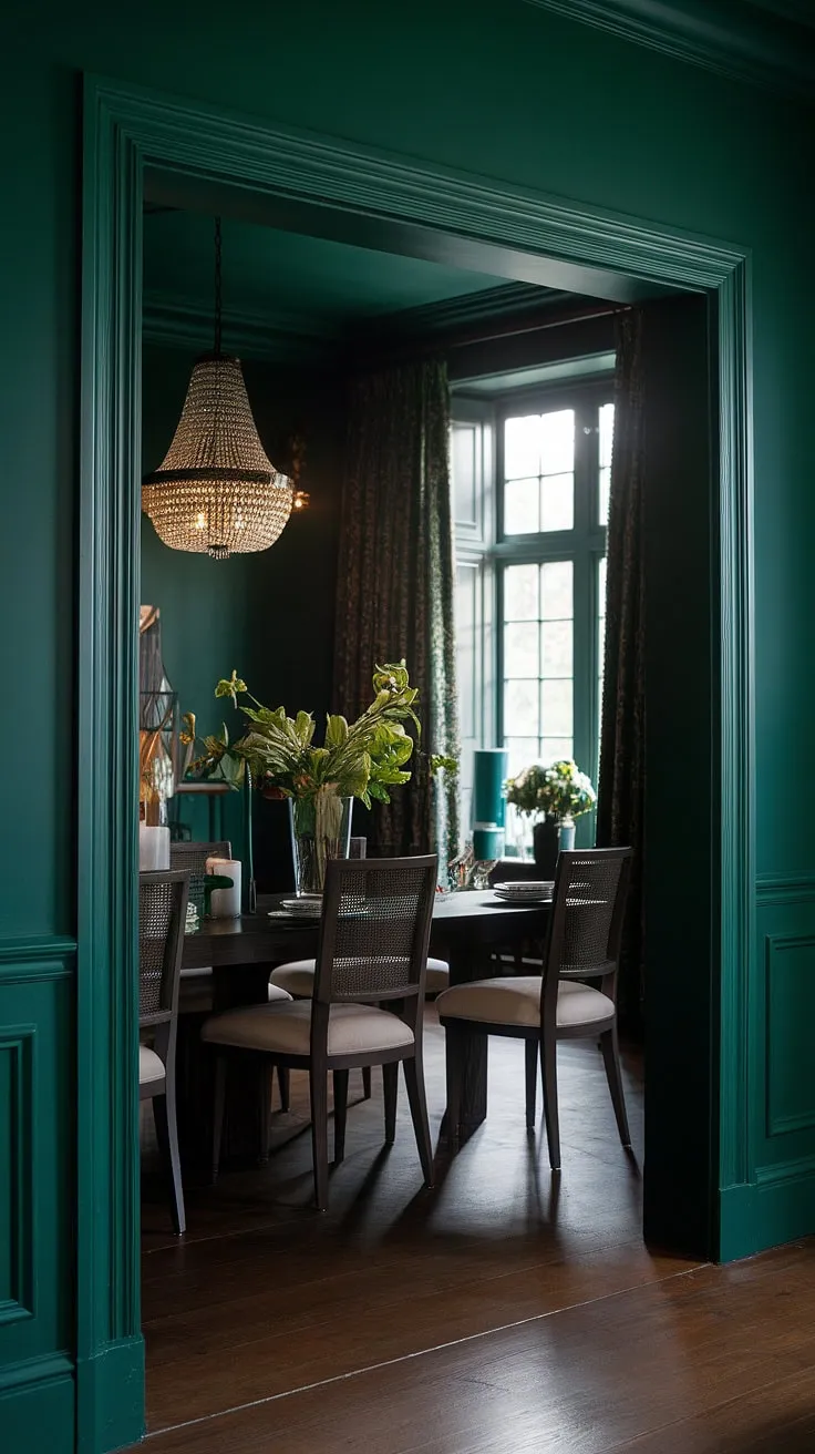 This emerald green dining room is a testament to dark green interior design. The rich green dining room walls, paired with the warm wood floors, create a captivating and intimate space. A perfect example of green house interior design at its finest.