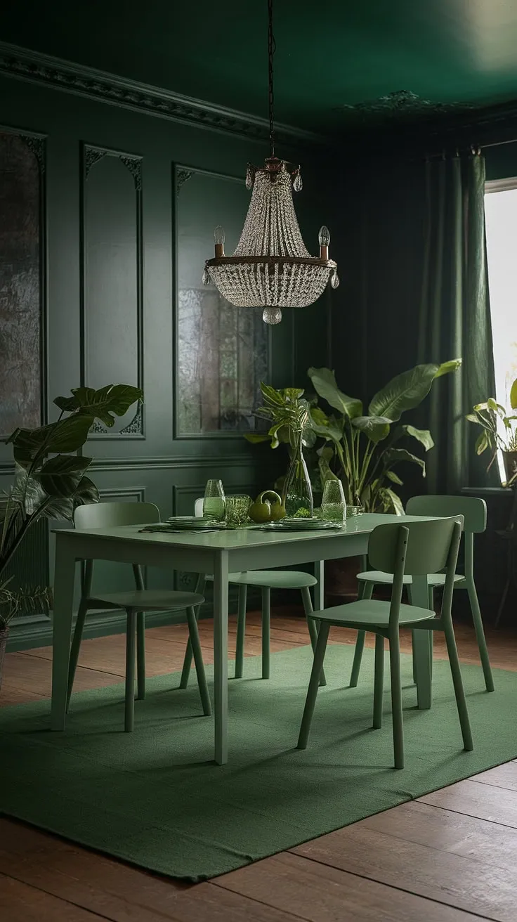 A moody green dining room, bathed in soft light, where emerald green walls meet a light green table and chairs. The dark green interior design creates a sophisticated, green formal dining room atmosphere.