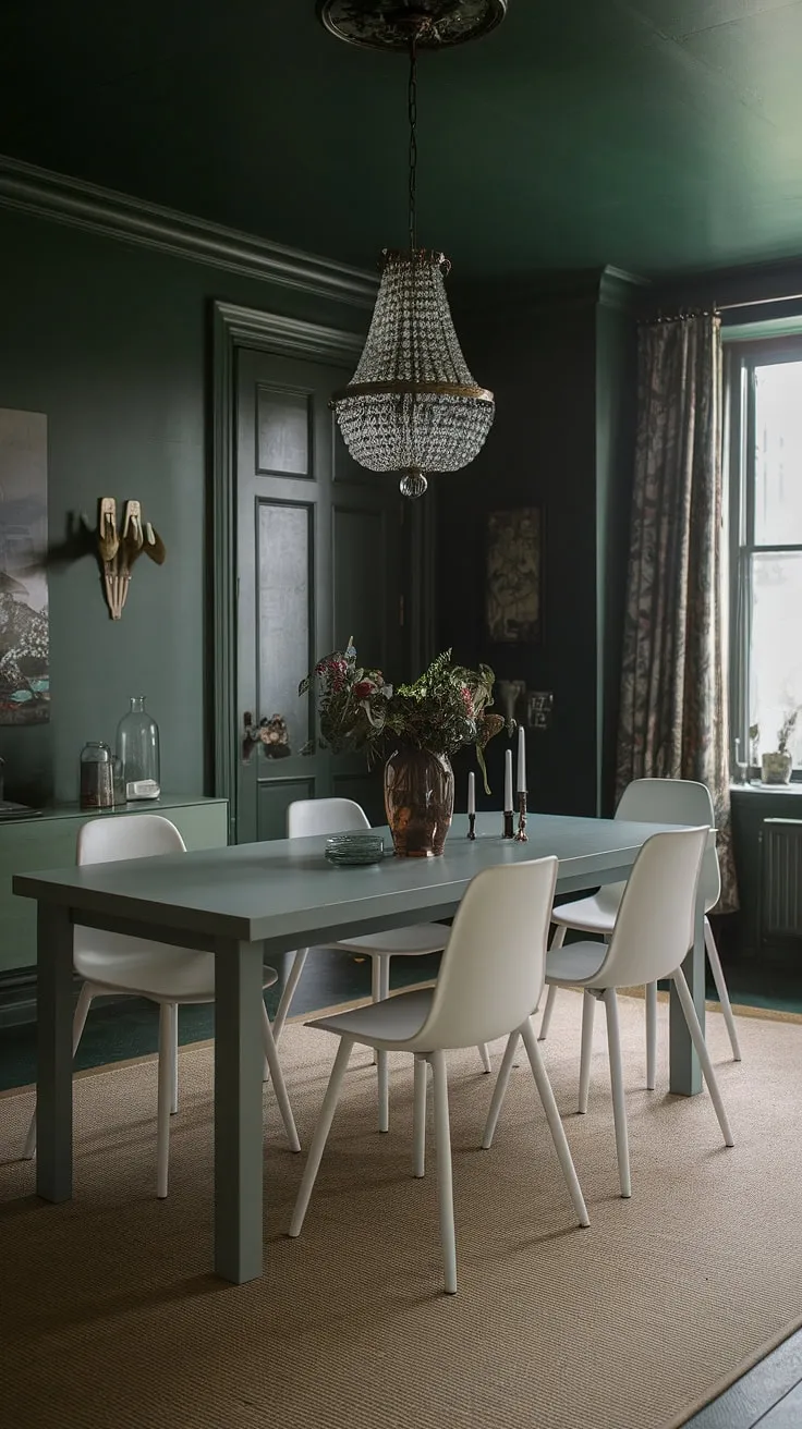 This emerald green dining room showcases the beauty of dark green interior design. The green dining room walls and light grey table create a stunning contrast in this green house interior design, perfect for intimate gatherings.