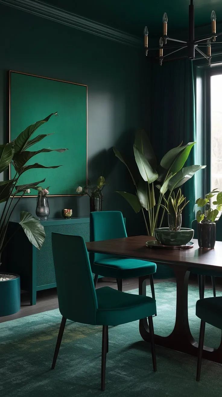 A dark green dining room transformed: rich, dark green interior design meets emerald green dining room elegance. The green dining room walls and carefully chosen accents create a stunning, moody green dining room perfect for intimate gatherings.