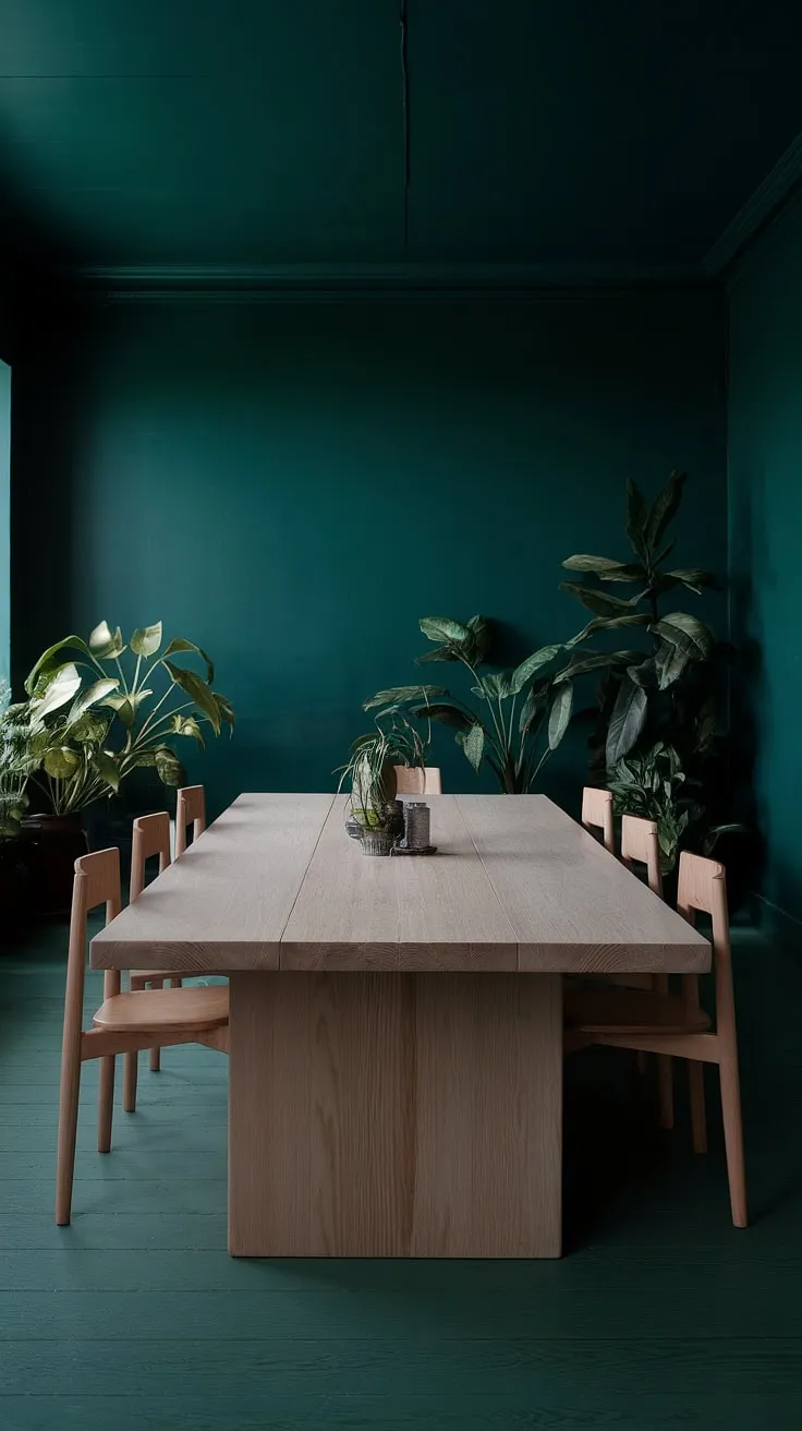 A long, light wood table anchors this dark green dining room, its simple elegance enhanced by the rich emerald green dining room walls. The green dining room walls create a dramatic yet inviting atmosphere, perfectly showcasing the dark green interior design. Potted plants add a touch of nature to this moody green dining room, a stunning example of interior design green.