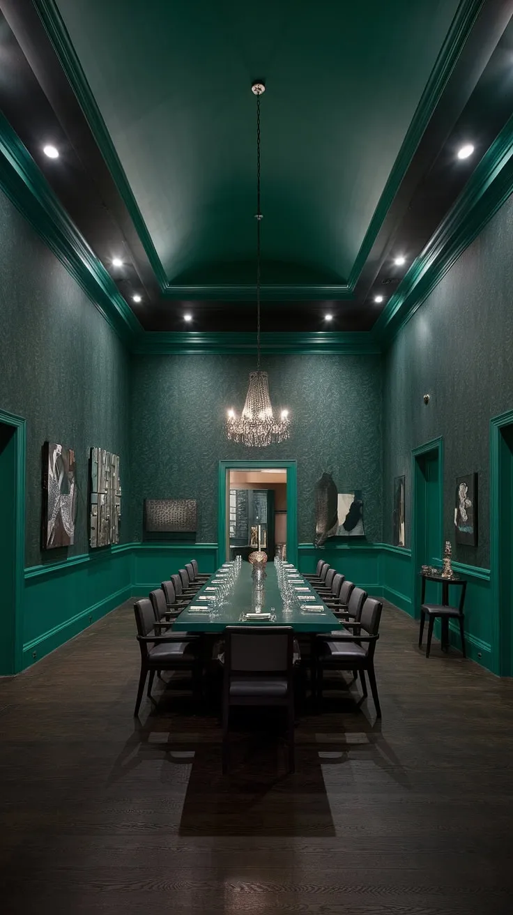 Bathed in the moody glow of a dark green dining room, this emerald green house interior design exudes sophistication. The green dining room walls and dark green interior design create a truly captivating space.