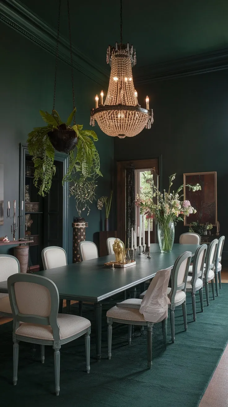 Indulge in the sophisticated elegance of this moody green dining room, where emerald green walls and a dark green dining table create a captivating atmosphere. The light-colored chairs and subtle décor add a touch of brightness to this stunning dark green interior design.