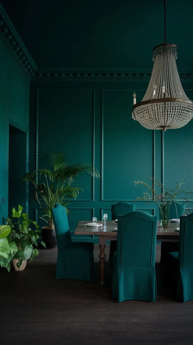 Indulge in the sophisticated elegance of this moody green dining room. The emerald green walls and dark green interior design create a dramatic, yet inviting atmosphere, perfect for formal gatherings.