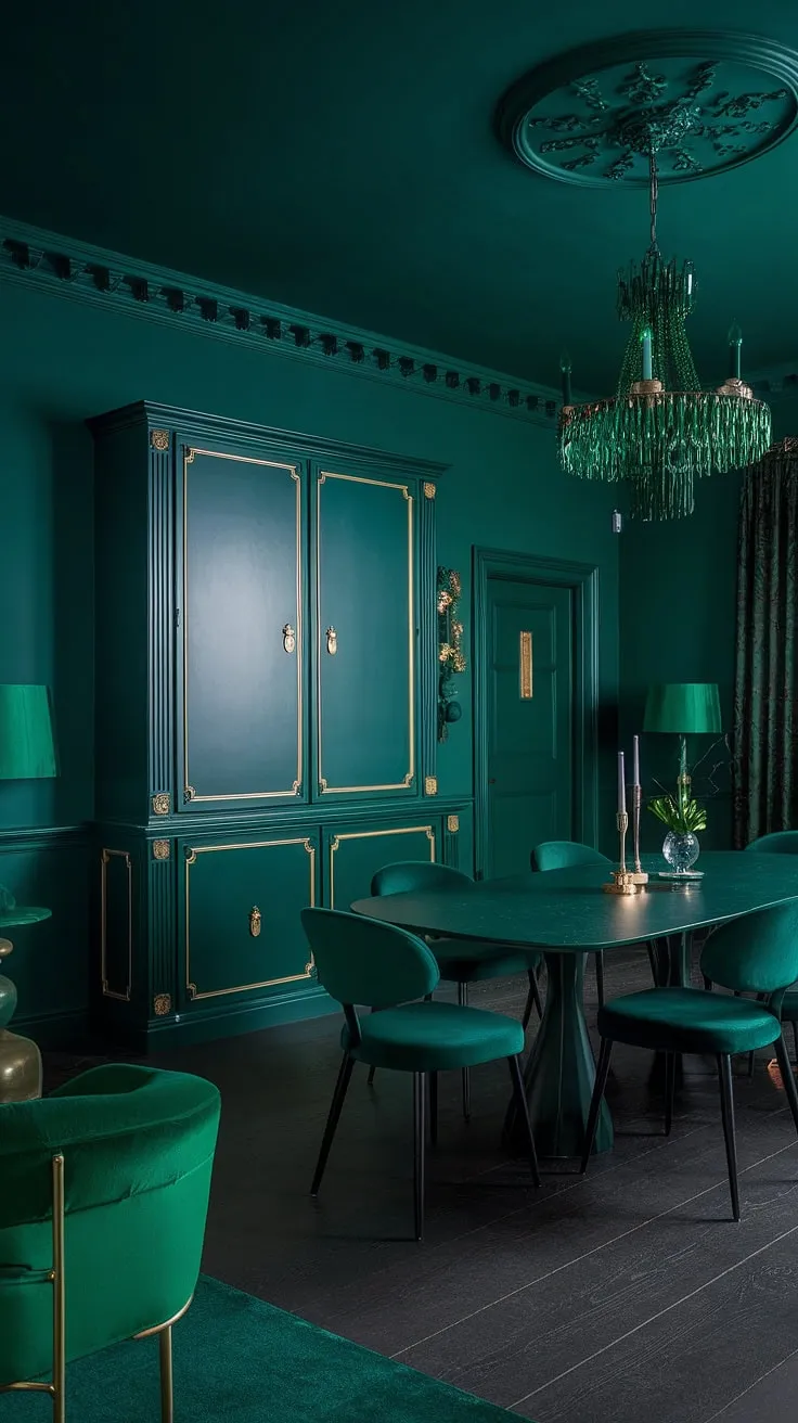 Bathed in the opulent glow of a green and gold chandelier, this moody green dining room exudes refined luxury. The emerald green dining room walls, dark green dining table, and coordinating green velvet chair create a sophisticated atmosphere, enhanced by the dark green interior design and dark wood floors. This green formal dining room is a testament to the power of dark green interior design in creating a dramatic and inviting space. The large dark green cabinet with gold accents adds a touch of grandeur to this emerald green house interior design.