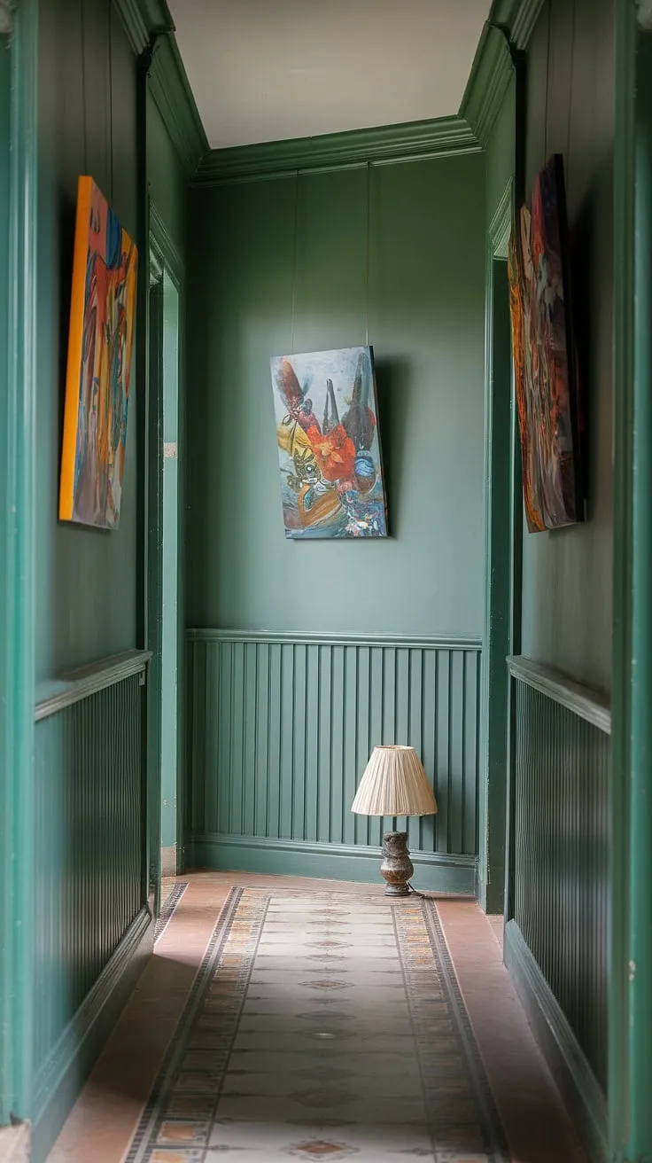 Step into serenity. This calm hallway, painted a soothing green, showcases the perfect blend of hallway decor ideas with colorful artwork and elegant wainscoting.  The patterned floor and strategically placed lampshade complete the inviting entrance hall ideas, making it a stunning stairwell decor statement.  Consider this a masterclass in hallway paint ideas and wainscoting ideas for your own home.