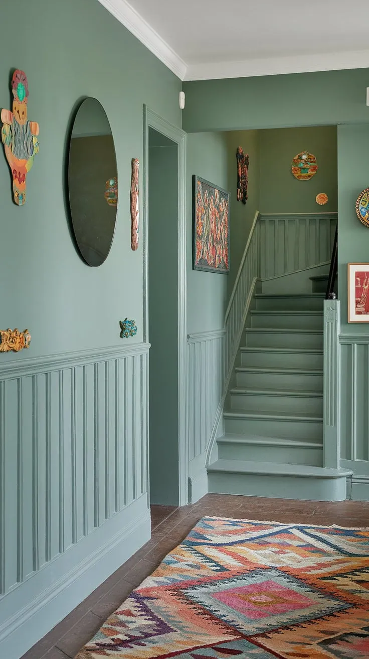 Step into serenity: This calm hallway, painted a refreshing green, showcases clever hallway decor ideas with colorful accents and elegant wainscoting.  The patterned rug and circular mirror add personality, while the stairwell decor continues the theme, offering inspiring entrance hall ideas and wainscoting ideas for your own home.