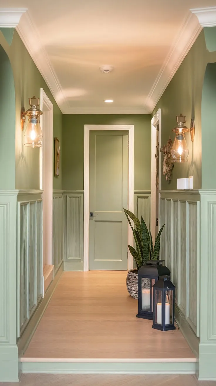 This calm hallway, painted in a soothing green, showcases elegant wainscoting ideas and offers a wealth of hallway decor ideas. The light wood flooring and subtle pops of color create a welcoming entrance hall, while the stairwell decor adds a touch of sophistication.  Consider this a perfect example of hallway paint ideas for a tranquil and stylish home.
