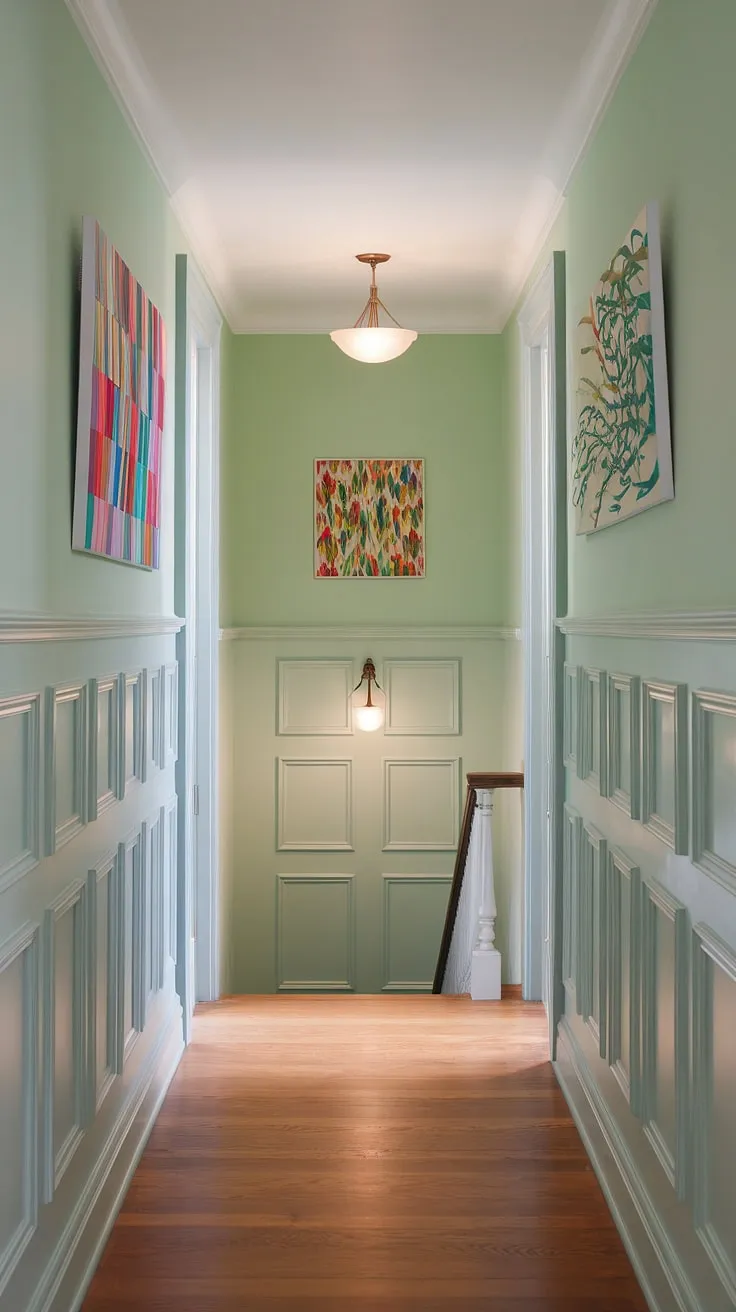 A symphony of color and calm in this green hallway.  The wainscoting ideas elevate the space, while the vibrant artwork brings it to life.  This inspiring entrance hall, complete with stairwell decor, offers endless hallway decor ideas and hallway paint ideas for your own home.