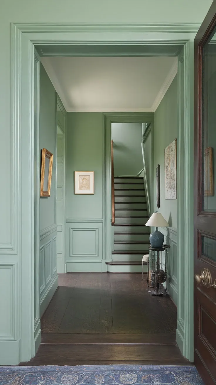 This calm hallway, painted a soothing green, showcases elegant wainscoting and thoughtful hallway decor ideas.  The dark wood floor complements the colorful hallway perfectly, while the artwork and strategically placed lamp add warmth.  Note the stunning stairwell decor and the inviting entrance hall ideas, all contributing to a serene and stylish space.  Consider this for your own hallway paint ideas.