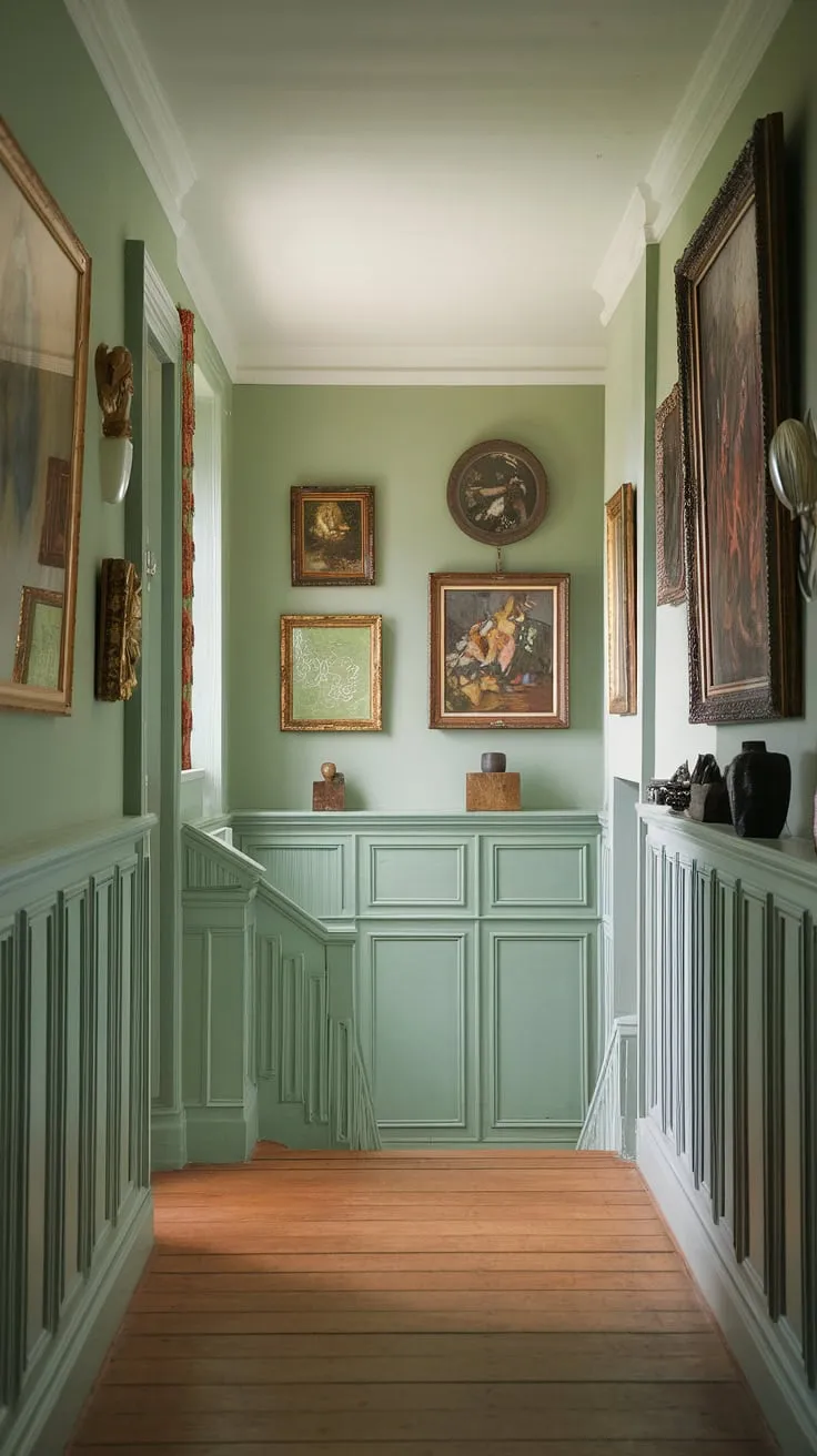 Discover the art of a tranquil home. This green hallway, a masterpiece of wainscoting ideas, invites you to explore its colorful walls and inspiring artwork. The soft lighting and wooden floors enhance the calm hallway ambiance, making it a stunning example of stairwell decor and entrance hall ideas.