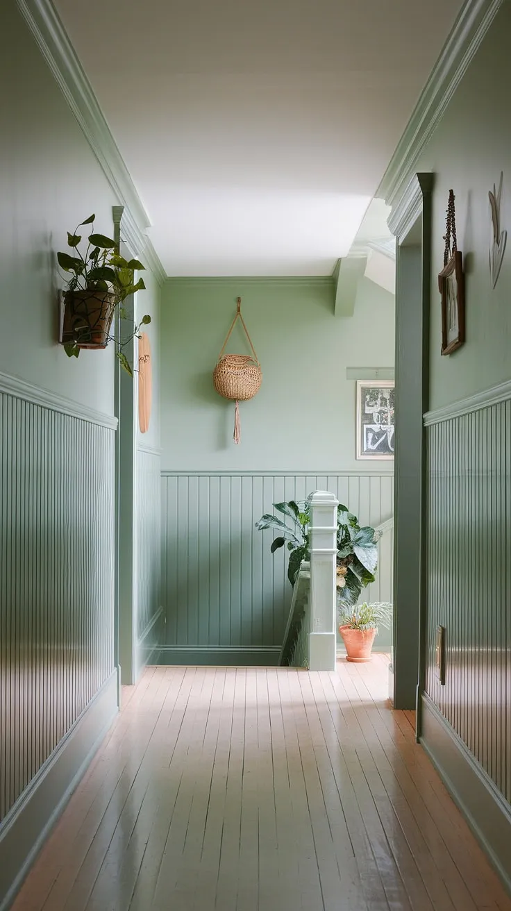 Find your calm in this green hallway.  The light green paint and classic wainscoting create a sophisticated backdrop, while the simple hallway decor and stairwell decor add personality.  Perfect for gathering hallway paint ideas and wainscoting ideas, this space is a testament to the power of thoughtful design in creating a welcoming entrance hall.