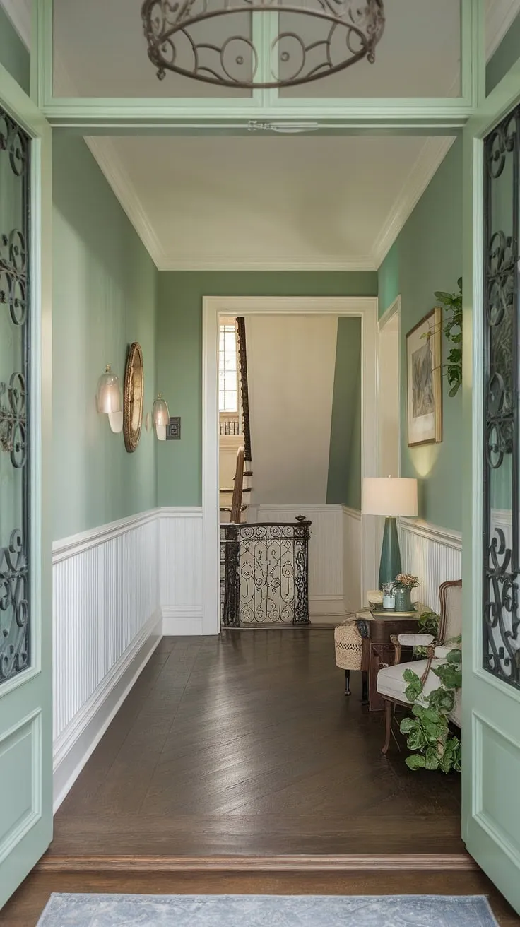Step into serenity. This calm hallway, painted in a soothing green, showcases elegant wainscoting ideas and offers a glimpse of the stunning stairwell decor beyond.  Perfect hallway decor ideas for creating a peaceful and colorful hallway, with inspiring entrance hall ideas and hallway paint ideas to match.
