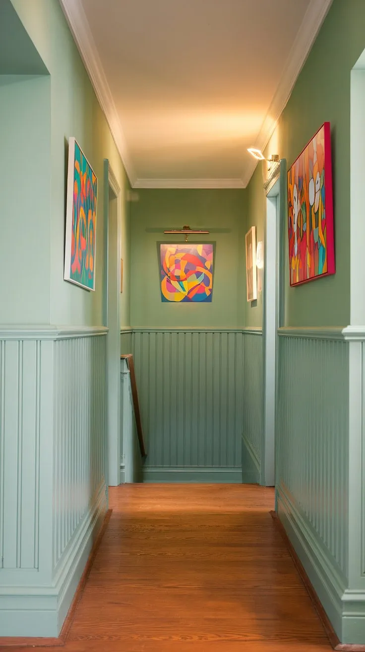 This calm green hallway, with its wainscoting and colorful artwork, offers a wealth of hallway decor ideas.  The soft green paint creates a serene atmosphere, making it the perfect canvas for showcasing your personal style.  Notice the stairwell decor and how it complements the entrance hall ideas.  Consider this when planning your own wainscoting ideas.