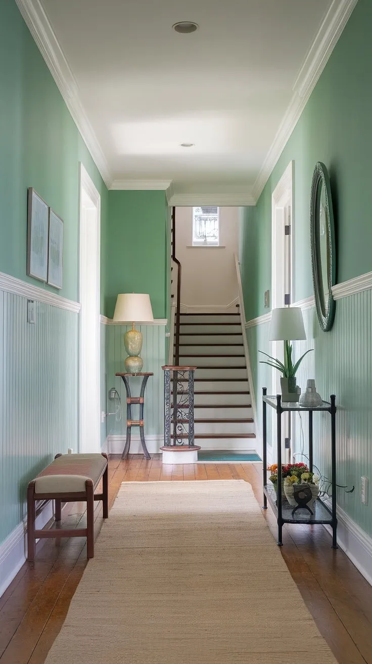 Find your calm in this colorful hallway.  Green walls and white wainscoting create a tranquil atmosphere, perfect for showcasing your personal style with thoughtful hallway decor ideas.  The charming bench, plant stand, and strategically placed mirror add personality, while the glimpse of the stairwell offers a peek at more stairwell decor possibilities.  This inspiring space is brimming with entrance hall ideas, proving that even a simple hallway can be a statement piece.