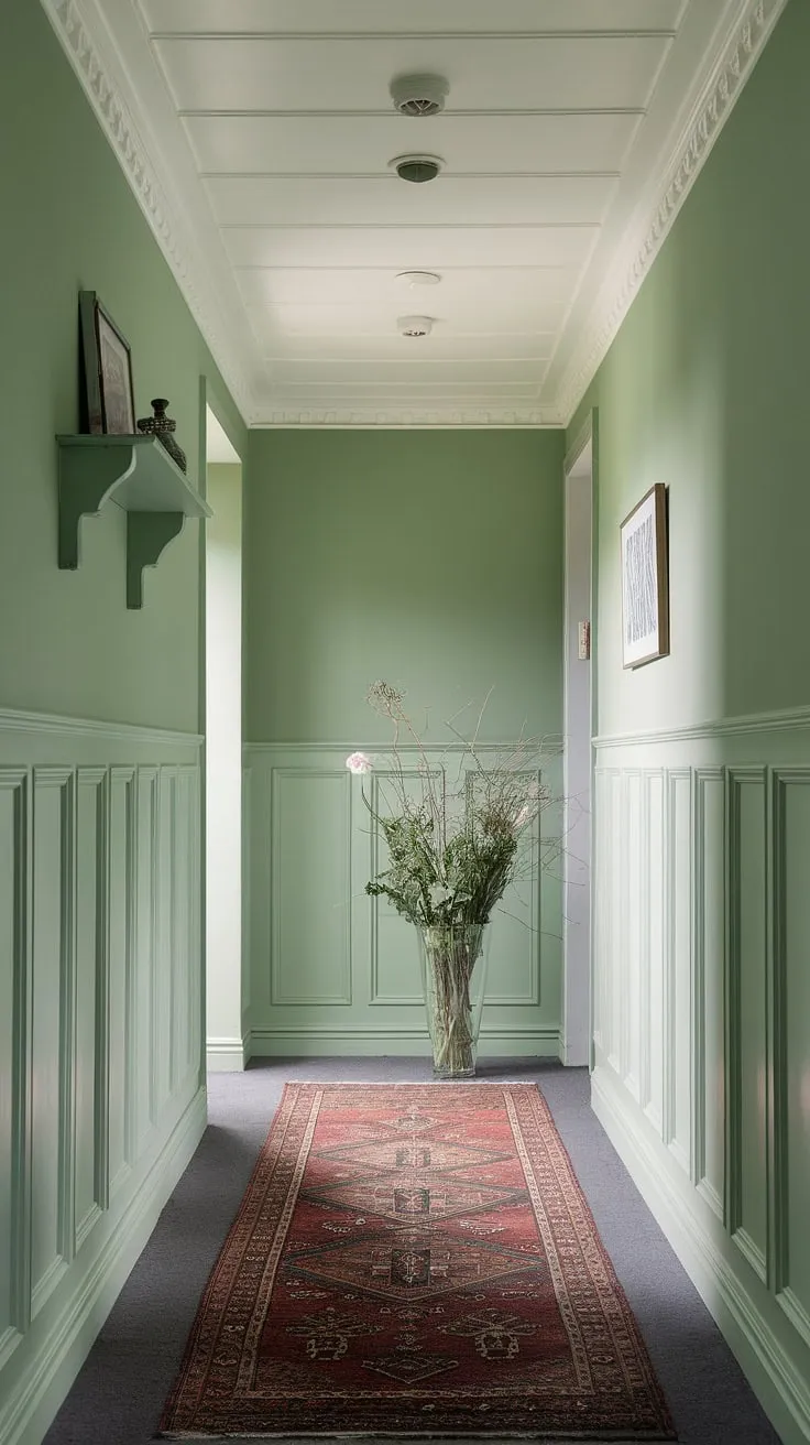 Transform your entrance hall with these hallway paint ideas! This colorful hallway, featuring a soft green and crisp white wainscoting, is the epitome of calm hallway design.  The thoughtful wainscoting ideas and simple decor create a welcoming atmosphere. Consider this inspiration for your own stairwell decor and entrance hall ideas.