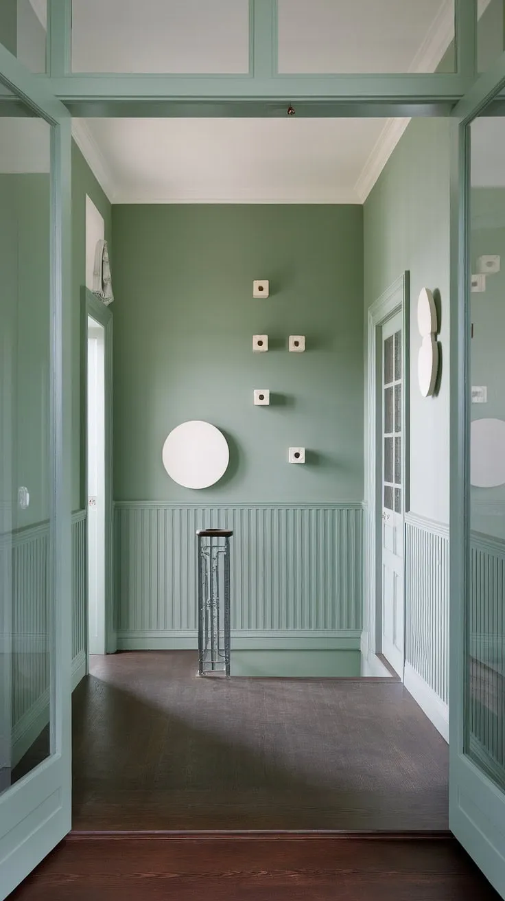 Serene and sophisticated, this green hallway showcases the perfect blend of calm and style.  The wainscoting ideas, combined with the thoughtful hallway decor ideas, create a welcoming atmosphere.  Note the elegant stairwell decor and the inviting entrance hall ideas, all contributing to this colorful hallway's tranquil ambiance.  Consider this a masterclass in hallway paint ideas.