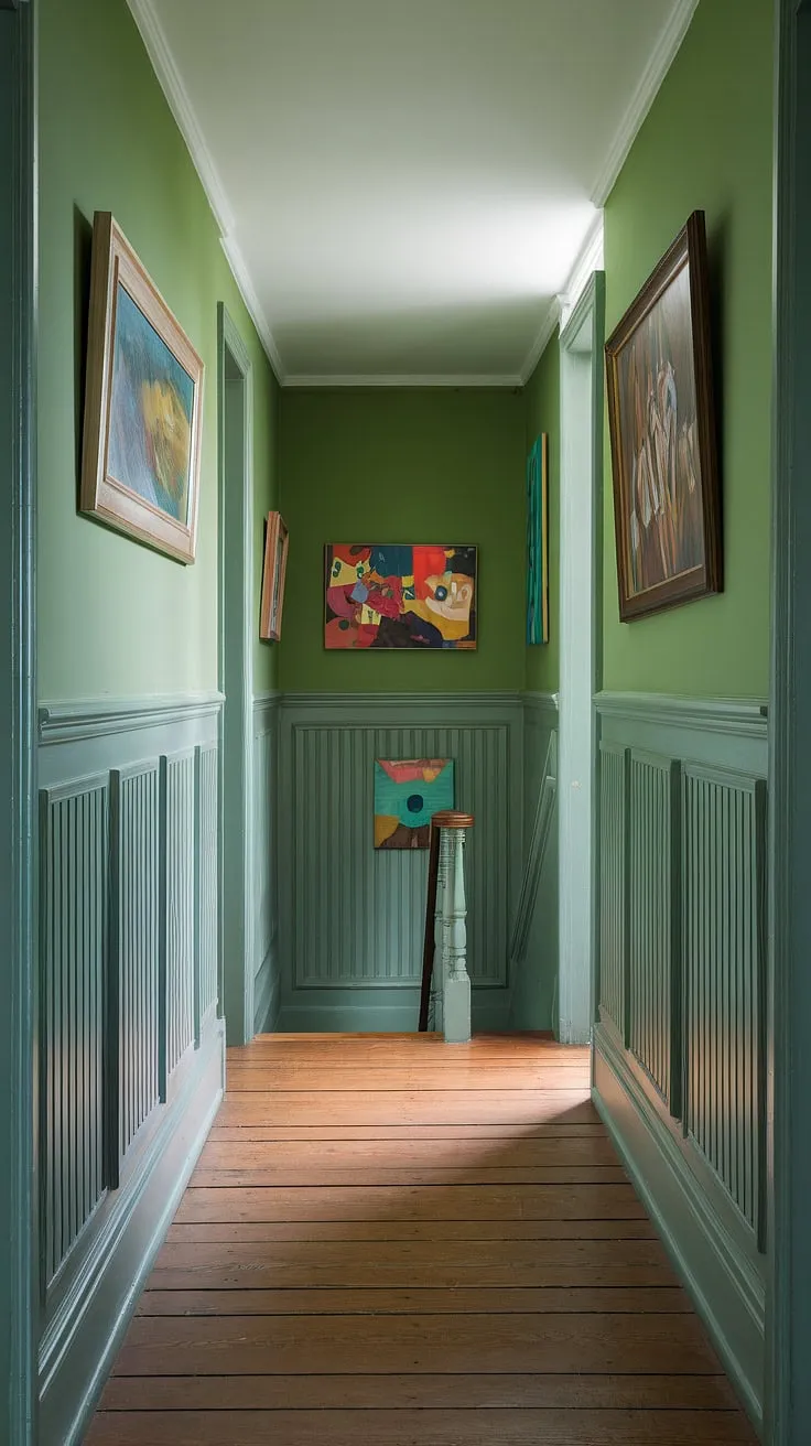 A colorful hallway transformed!  This green hallway is a masterclass in hallway decor ideas, using vibrant artwork to contrast the calming green walls.  The white wainscoting adds a touch of classic elegance, while the wooden floors and stairwell decor complete the serene ambiance.  Consider these entrance hall ideas and wainscoting ideas for your own home.