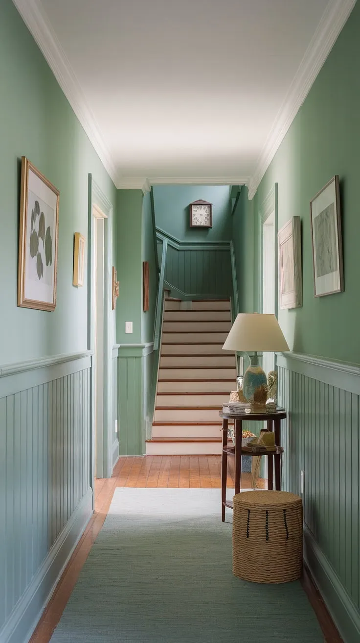 This serene green hallway, complete with charming wainscoting and carefully chosen hallway decor ideas, sets a calming tone from the moment you enter.  The thoughtful stairwell decor and overall ambiance make it the perfect example of entrance hall ideas and hallway paint ideas for creating a welcoming home.