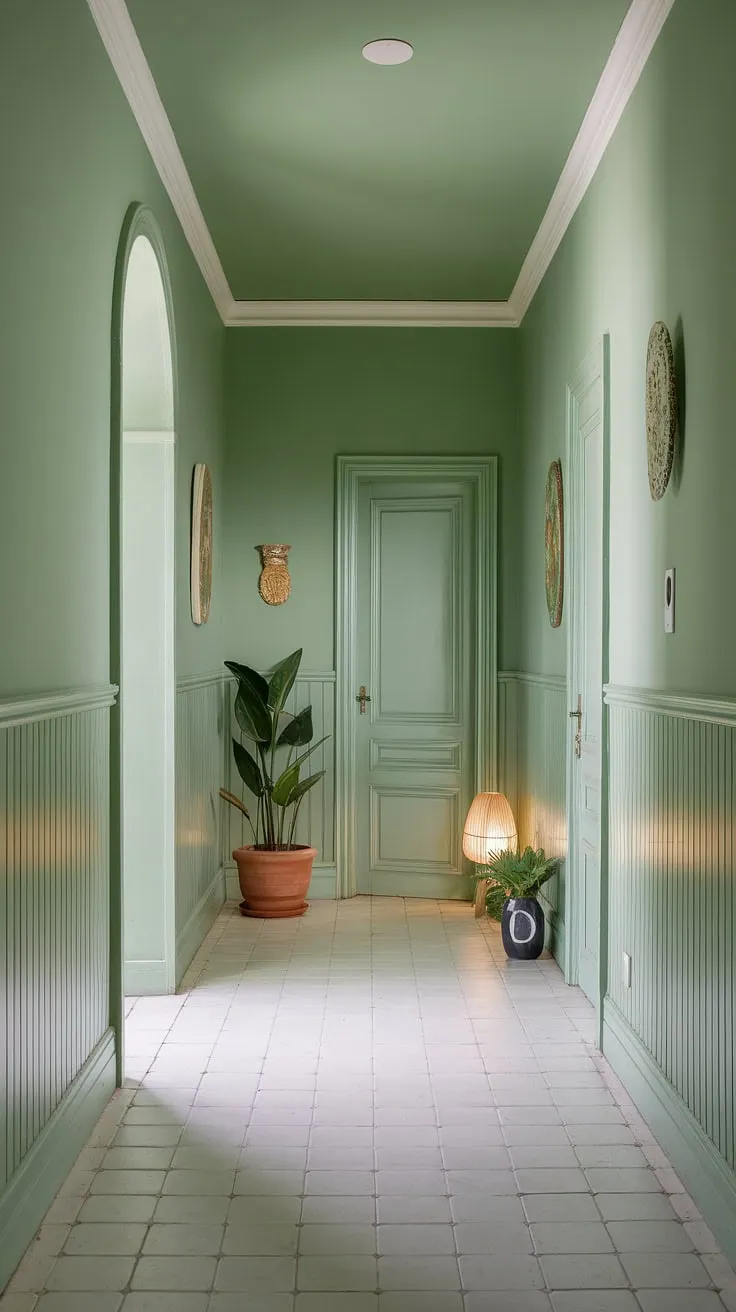 Discover the magic of a calm hallway. This green hallway, with its elegant wainscoting and thoughtful hallway paint ideas, offers a wealth of inspiration for hallway decor ideas and entrance hall ideas.  The subtle pops of color and carefully chosen decor create a space that's both inviting and serene. Consider this your guide to wainscoting ideas that transform a simple hallway.