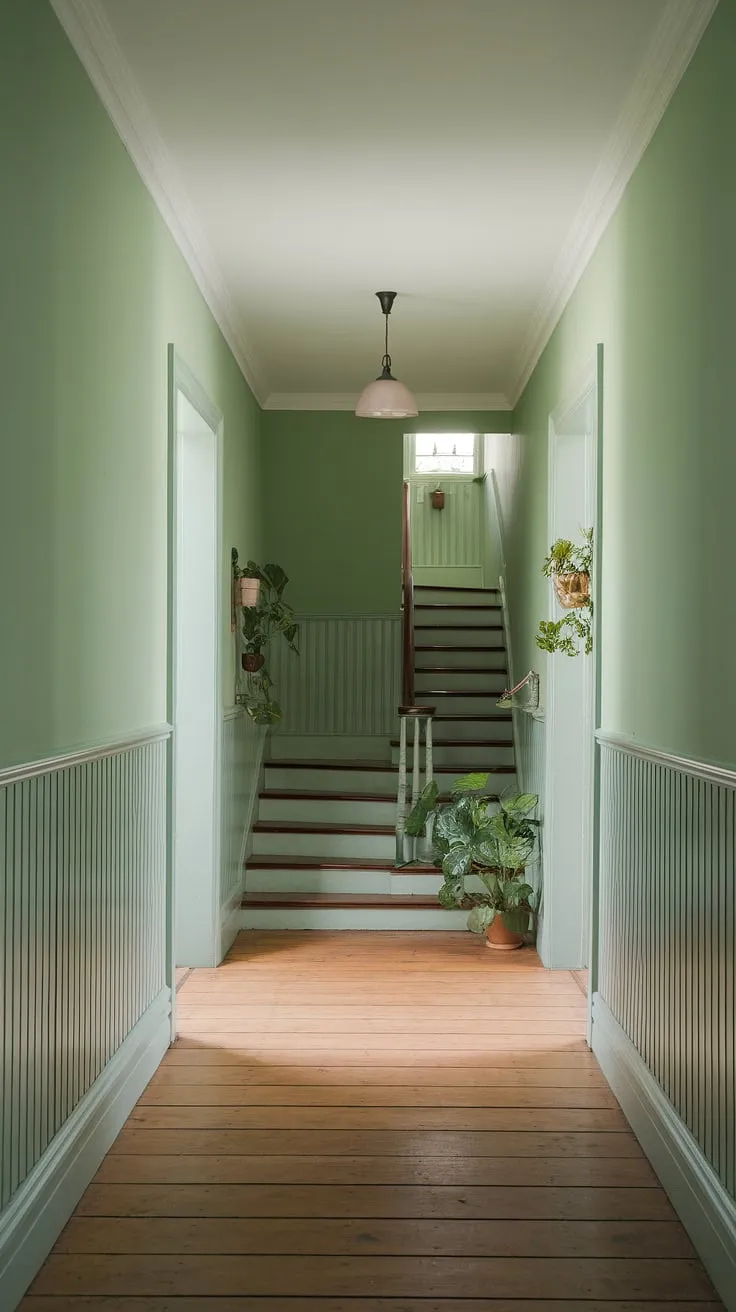 Step into serenity. This calm hallway, painted in a soothing green, showcases elegant wainscoting ideas and offers a wealth of hallway decor ideas.  The thoughtful placement of potted plants and the charming stairwell decor create a welcoming entrance hall, perfect for hallway paint ideas that prioritize tranquility.