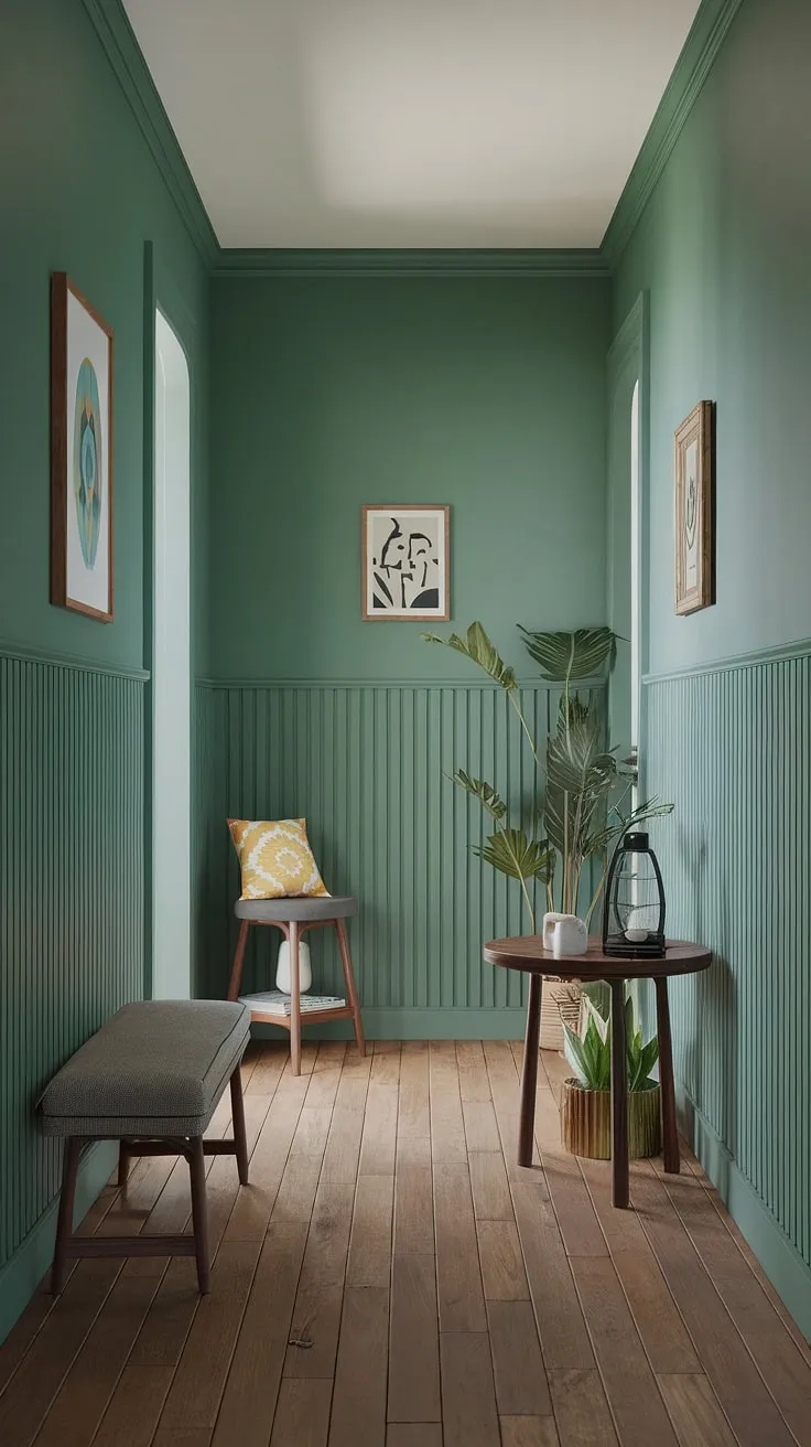 Step into serenity. This calm hallway, painted a refreshing green, showcases clever hallway decor ideas with wainscoting ideas that add depth and charm.  The thoughtful placement of furniture and decorative accents transforms this space into a welcoming entrance hall, perfect for stairwell decor inspiration.