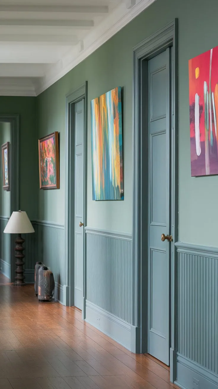 A colorful hallway transformed!  Green hallway walls provide a stunning backdrop for the eclectic artwork and elegant wainscoting. This hallway decor offers a wealth of entrance hall ideas, proving that a calm hallway can be both stylish and vibrant.  Explore these hallway paint ideas and wainscoting ideas to create your dream stairwell decor.