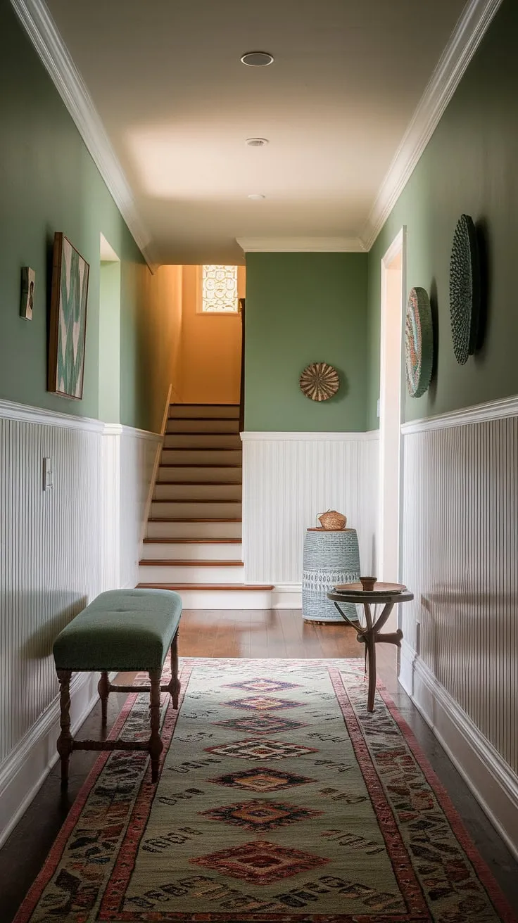 A colorful hallway doesn't have to be chaotic. This green hallway, complete with charming wainscoting and a patterned rug, offers a wealth of stairwell decor and entrance hall ideas. The calm atmosphere is perfect for setting the tone for your home, making it a showcase for hallway decor ideas and inspiring hallway paint ideas.  The subtle details, from the furniture placement to the decorative wall accents, create a space that's both beautiful and functional.