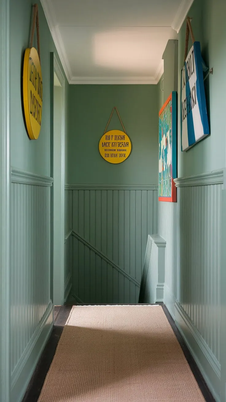 Step into serenity. This calm hallway, painted in a two-toned green, showcases clever hallway decor ideas with colorful accents and thoughtful wainscoting ideas. The playful yet sophisticated entrance hall ideas, complete with stairwell decor, create a welcoming atmosphere.