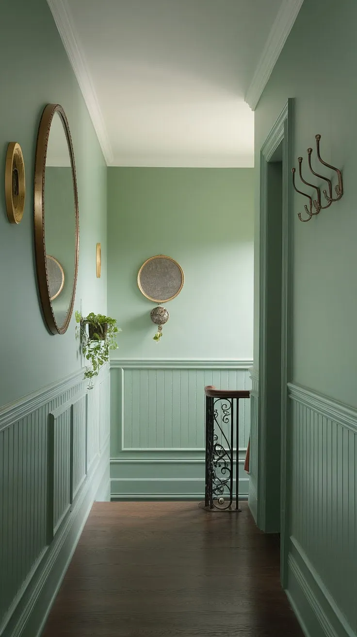 Serene and sophisticated, this green hallway showcases the perfect blend of calm and style.  The wainscoting adds architectural detail, while the gold-framed mirror and potted plant offer charming hallway decor ideas.  The dark wood floor complements the soft green paint, making it a stunning example of hallway paint ideas and entrance hall ideas. The wrought iron stairwell at the end adds a touch of elegance to this colorful hallway, offering inspiration for stairwell decor.